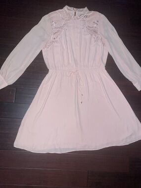 Blush Pink Ivanka Trump Dress, Lace High Neck, Longsleeve Midi Dress, 12